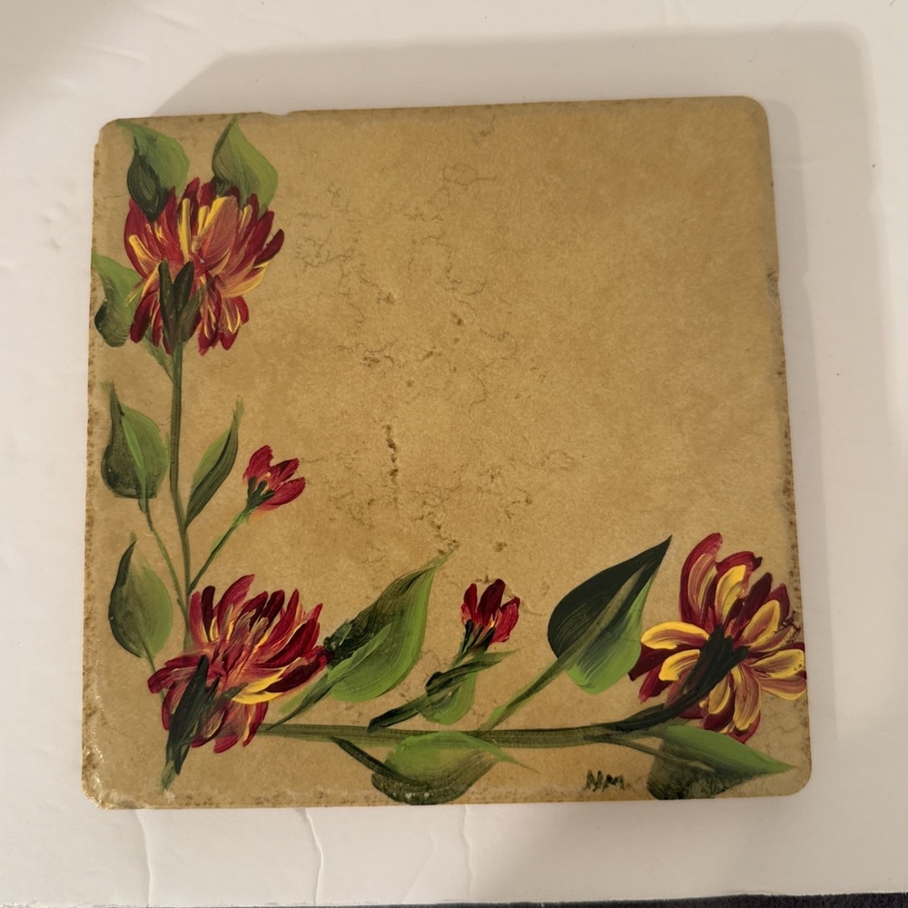 Original Hand Painted Tile-Red Yellow Green Floral-Initialed-Thin Cork Back